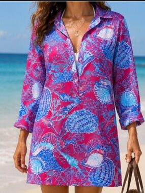☀️🏝️NWOT TALBOTS Pink Blue Shell Print Cover Up